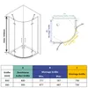 Diagrams and a table showing dimensions for a shower cabin. Produktbild-Vorschau