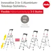 A marketing image showing a telescopic ladder in different configurations, with text highlighting its features and specifications. Náhľad obrázku produktu