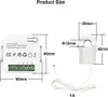 Product size diagram showing two views of a white electrical device with dimensions and connection terminals, and a separate white current transformer with a wire. Náhled obrázku produktu