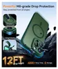 A green phone case is shown falling amidst rocks, with text highlighting its protective features. Produktbild-Vorschau