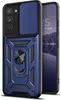 A blue and black armor case for a Samsung Galaxy S22 phone is shown, with a ring holder on the back and a sliding camera cover. Produktbild-Vorschau