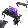 A collage of images showing a gaming desk with RGB lighting, a monitor, keyboard, mouse, headphones, and a cup holder. Produktbild-Vorschau