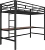A black metal loft bed with a wooden desk surface, shown against a white background. Produktbild-Vorschau