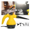 A collage showing a yellow and black handheld steam cleaner in use in different settings, along with its attachments. Náhled obrázku produktu