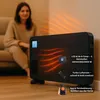 A woman is sitting on a couch in the background, while a black electric heater is in the foreground, emitting orange heat waves. Text overlays describe the heater's features. Náhľad obrázku produktu
