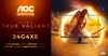 A marketing image for an AOC gaming monitor, showing the monitor with a fantasy-themed image seemingly emerging from the screen, set against a fiery orange and black background. Náhľad obrázku produktu