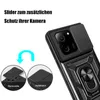 A close-up of a black phone case with a camera slider and ring holder, with inset images showing the slider mechanism. Produktbild-Vorschau