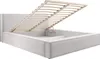A white upholstered bed frame with the mattress support lifted, revealing storage space underneath. Produktbild-Vorschau