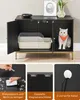 A cat cabinet with a litter box and a cat inside, with close-up shots of its features. Produktbild-Vorschau