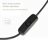 Close-up of a black power cord with an inline switch and text overlays describing features and line length. Produktbild-Vorschau