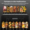 A marketing image showcasing the various cooking programs of a multi-functional air fryer, with images of food representing each program. Produktbild-Vorschau