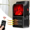 A person is holding a remote control, pointing it towards a wall-mounted electric heater with a realistic flame effect. The heater is plugged into a wall socket. Anteprima dell’immagine prodotto