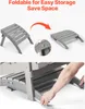 Collage showing an Adirondack footstool in use and folded, with a close-up of its construction. Produktbild-Vorschau