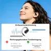 A woman wearing an earbud, with a graphic overlay explaining features of the earbud. Produktbild-Vorschau