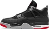 A side view of a black Air Jordan 4 sneaker with red and gray accents. Podgląd zdjęcia produktu