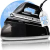 A black steam iron with a transparent water tank, set against a blue sky background with clouds. Produktbild-Vorschau