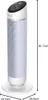 A tall, cylindrical heater/fan with a white top and a ribbed, translucent body, standing on a circular white base. Dimensions are indicated with lines and text. Voir les images du produit