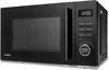 A black Medion microwave oven is shown from a slightly elevated, diagonal angle against a light gray background. Produktbild-Vorschau