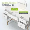 A white and gold vanity table with drawers open, showcasing storage space, with a lighted mirror above. Náhľad obrázku produktu