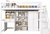 A white loft bed with integrated desk, shelves, and wardrobe, shown from the front. Podgląd zdjęcia produktu