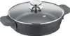 A black frying pan with a glass lid and gray handles is shown from a slightly elevated side angle on a white background. Produktbild-Vorschau