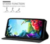 A smartphone case is shown in a folded position, displaying the phone's screen with a floral wallpaper. Above the phone, there are illustrations of the case's stand function in different angles. Produktbild-Vorschau