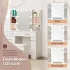 A white vanity table with a mirror and LED lights, showing different light color temperatures, and a stool. Produktbild-Vorschau