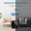 A small black security camera is placed in the foreground, with a split background showing a brightly lit living room on the left and a dimly lit living room on the right. Text overlays describe the camera's features. Produktbild-Vorschau