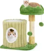 A cat tree with two levels and a hideaway, featuring plush green and yellow coverings and sisal scratching posts. Two cats are visible on the product. Anteprima dell’immagine prodotto
