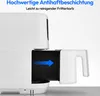 Close-up of a white air fryer with its drawer partially pulled out, showing a blue arrow graphic indicating movement. Produktbild-Vorschau