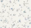 A close-up view of a floral wallpaper pattern with blue flowers and gray leaves on a cream background. Produktbild-Vorschau