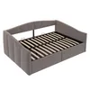 A gray upholstered bed frame with a slatted mattress base, shown from a diagonal top-down perspective against a white background. Produktbild-Vorschau