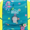 Close-up of the front of a child's backpack with floral patterns and a character patch. Produktbild-Vorschau