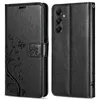 A black leather wallet case for a Samsung Galaxy A05s phone is shown from two angles. Produktbild-Vorschau