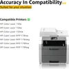 A printer is shown next to a list of compatible printer models. Produktbild-Vorschau