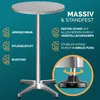 A high-top table with text overlays describing its features. Produktbild-Vorschau
