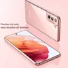 A clear phone case is shown on a pink background, with a phone inside. Produktbild-Vorschau