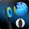 A close-up of a black electric toothbrush head with blue and green bristles, set against a dark blue starry background. Two circular insets show magnified views of the bristles with water droplets and the back of the toothbrush head. Náhled obrázku produktu