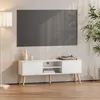 A white TV stand with a television mounted on the wall above it, in a well-lit room. Voir les images du produit