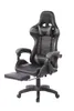 A black and gray gaming chair with a footrest, shown from a slightly diagonal front view against a white background. Produktbild-Vorschau