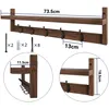 A collage of images showing a wooden wall shelf with hooks, including a main view and close-ups with measurements. Produktbild-Vorschau