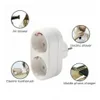A white electrical adapter with two sockets, surrounded by four circular images showing its potential uses: an air blower, an electric shaver, an electric toothbrush, and a mobile phone charger. Produktbild-Vorschau