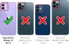 Four iPhones are shown side-by-side to demonstrate compatibility with a phone case. The first iPhone is shown with a checkmark, indicating it is compatible, while the other three are shown with an 'X', indicating incompatibility. Produktbild-Vorschau