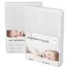 Two white baby fitted sheets are shown, one slightly behind the other, with images of babies on the packaging. Produktbild-Vorschau