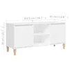 A white TV stand with wooden legs, shown from a side angle with dimensions indicated. Podgląd zdjęcia produktu
