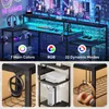 A collage of images showcasing a gaming desk with LED lighting, its features, and accessories. Produktbild-Vorschau