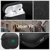 Collage of images showing an AirPods Pro case, a close-up of the fabric texture, a woman walking in a city, and a close-up of the charging port. Produktbild-Vorschau
