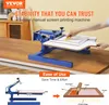 A screen printing machine is shown on a wooden table, with a hand demonstrating its use. Below, a diagram illustrates the printing process. Podgląd zdjęcia produktu