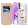 A pink flip case with card slots and a clear back for a Samsung Galaxy phone, shown open next to the phone. Produktbild-Vorschau