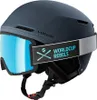 A dark blue ski helmet with integrated goggles and a strap. Anteprima dell’immagine prodotto